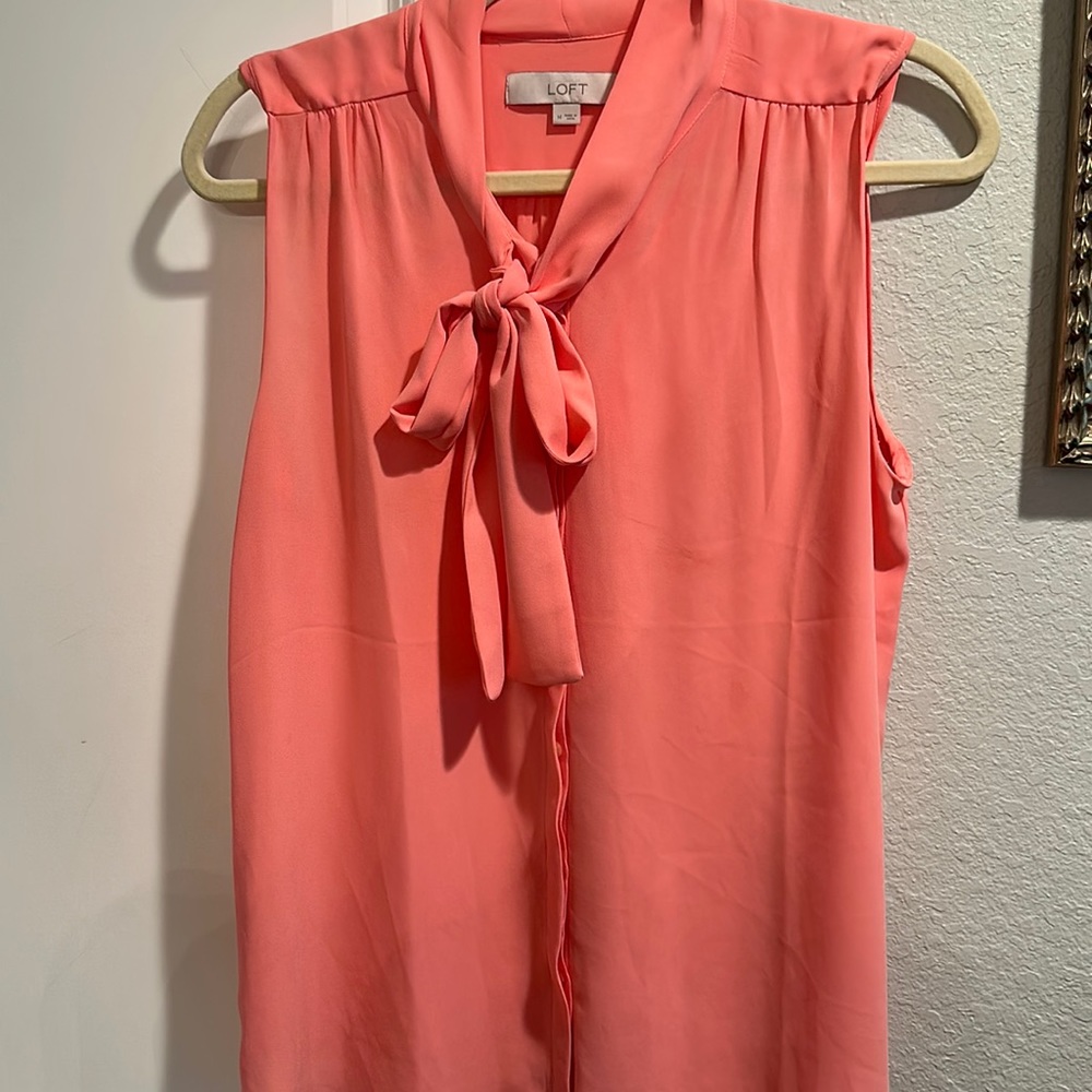 Loft, coral, tie neck, button up blouse, medium